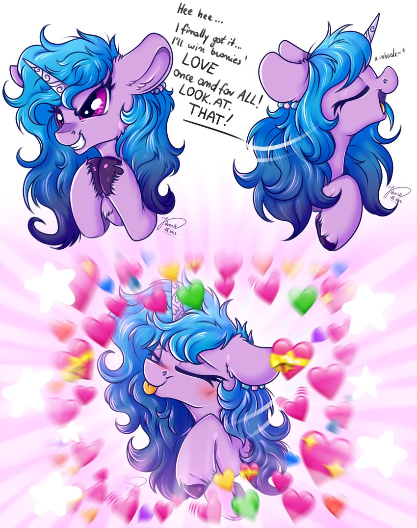 blep blue_hair blush dialogue female feral fur gradient_hair hair heart_symbol horn purple_body purple_eyes purple_fur solo text tongue tongue_out julunis14 hasbro mlp_g5 my_little_pony mythology izzy_moonbow_(mlp) equid equine mammal mythological_creature mythological_equine unicorn absurd_res english_text hi_res