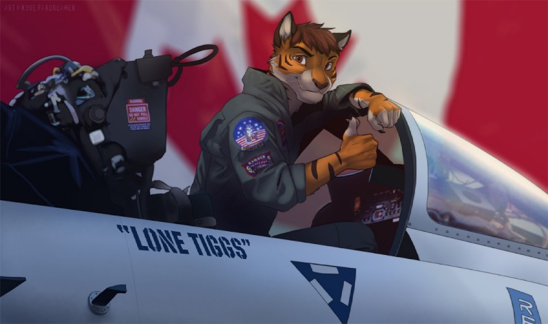 aircraft airplane anthro brown_eyes brown_hair canada canadian_flag hair jet male maple_leaf military solo vehicle koul f-14 f-14_tomcat felid mammal pantherine tiger