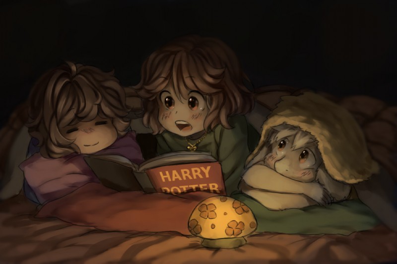 bed bedding bedtime bedtime_story blanket book fungus fur furniture glowing group lamp locket long_ears mushroom night nightlight on_bed pillow red_eyes under_covers white_body white_fur itsnojida harry_potter_(series) undertale undertale_(series) asriel_dreemurr chara_(undertale) frisk_(undertale) boss_monster_(undertale) bovid caprine goat human mammal