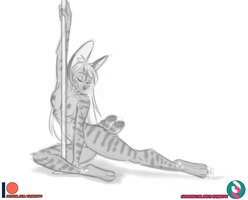 anthro breasts dancing female fur genitals hair long_hair multi_tail navel nipples nude one_eye_closed patreon_logo pole pole_dancing pussy short_tail solo striped_body striped_fur stripes subscribestar_logo tail text wink nicnak044 patreon subscribestar ciara_(helinon) canid canine felid feline felis fox hybrid mammal serval 2023 digital_drawing_(artwork) digital_media_(artwork) hi_res signature sketch url