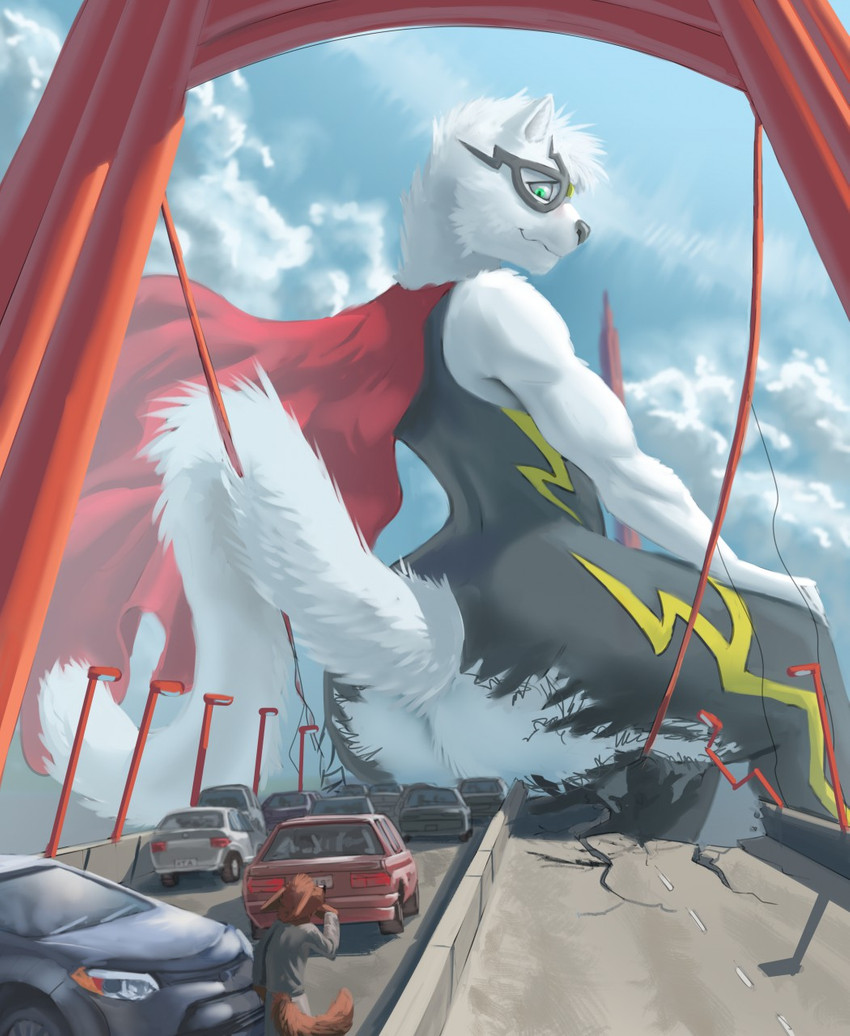 anthro big_butt blush bridge butt cape car clothed clothing cloud destruction embarrassed fur golden_gate_bridge group huge_butt landmark larger_male macro male mask micro san_francisco size_difference smaller_male solo_focus spandex superhero suspension_bridge thick_thighs tight_clothing torn_clothing vehicle wardrobe_malfunction white_body white_fur wide_hips atacama thunder_thighs_(kyrm) domestic_cat felid feline felis mammal 2019 hi_res