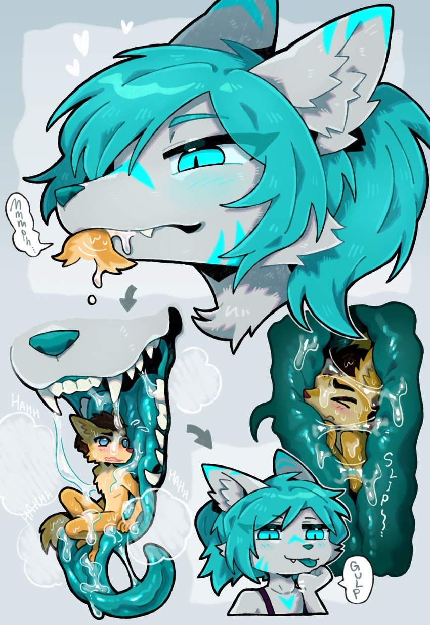 ambiguous_gender anthro bodily_fluids breath duo extreme_size_difference female gulp_(sound_effect) hair micro saliva sharp_teeth size_difference swallowing tail tail_motion tailwag teal_hair teal_insides teal_nose teeth vore tianhua canid canine mammal hi_res