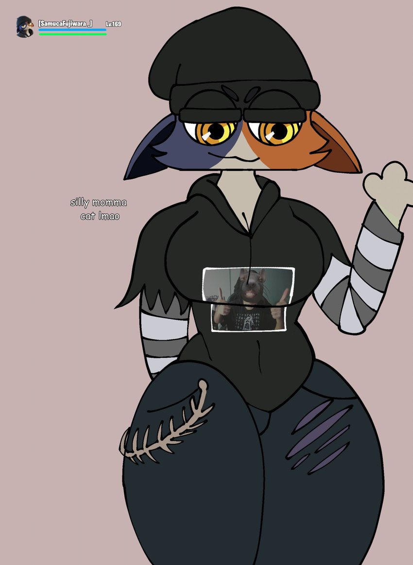 anthro breasts cameo clothing female male mature_female non-mammal_breasts shirt simple_background solo text thick_thighs topwear vincikkkk vincizinho_(artist) epic_games fortnite luangameplay meow_skulls calico_cat domestic_cat felid feline felis mammal murid murine rat rodent absurd_res artist_name hi_res