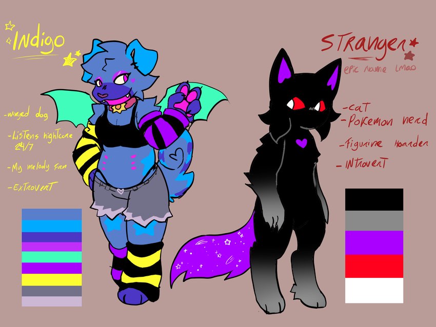 ambiguous_gender anthro armwear black_body black_fur blue_body blue_fur clothed clothing collar duo female fur purple_body purple_fur red_eyes sparklefur standing wings xxstrangerxx canid canine canis domestic_cat domestic_dog felid feline felis mammal 4:3 hi_res model_sheet