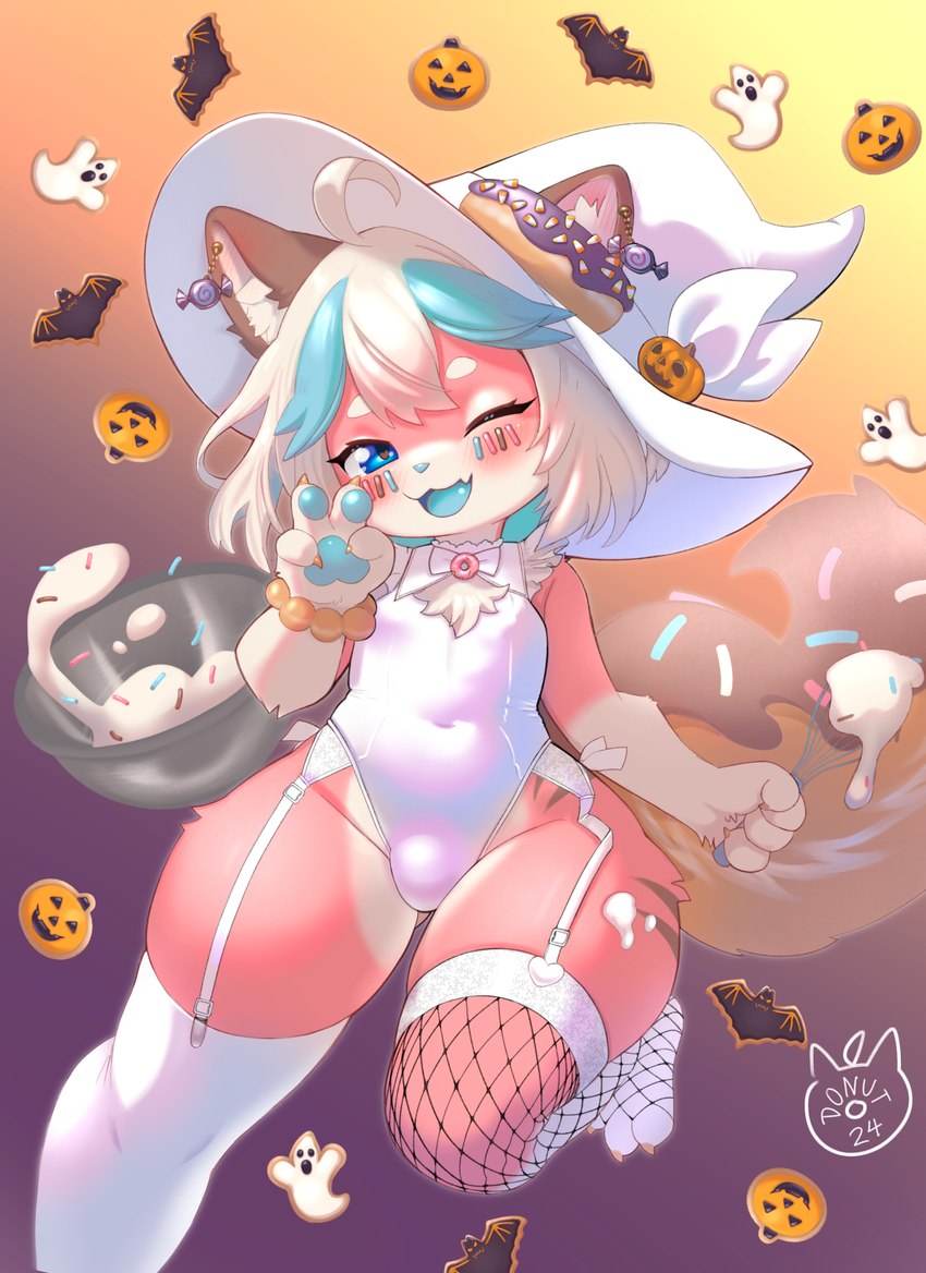 anthro big_tail clothed clothing cookie costume crossdressing dessert doughnut femboy fishnet_clothing fishnet_legwear food front_view fur garter_straps gesture hair halloween_costume hand_gesture hat headgear headwear holidays kemono legwear leotard male one_eye_closed pastry pawpads paws pink_body pink_fur solo sprinkles tail thick_thighs thigh_highs v_sign white_hair wide_hips wink witch_costume witch_hat misterdonut halloween donut_(misterdonut) canid canine canis domestic_dog food_creature mammal sprinkledog 2024 absurd_res digital_media_(artwork) full-length_portrait hi_res portrait