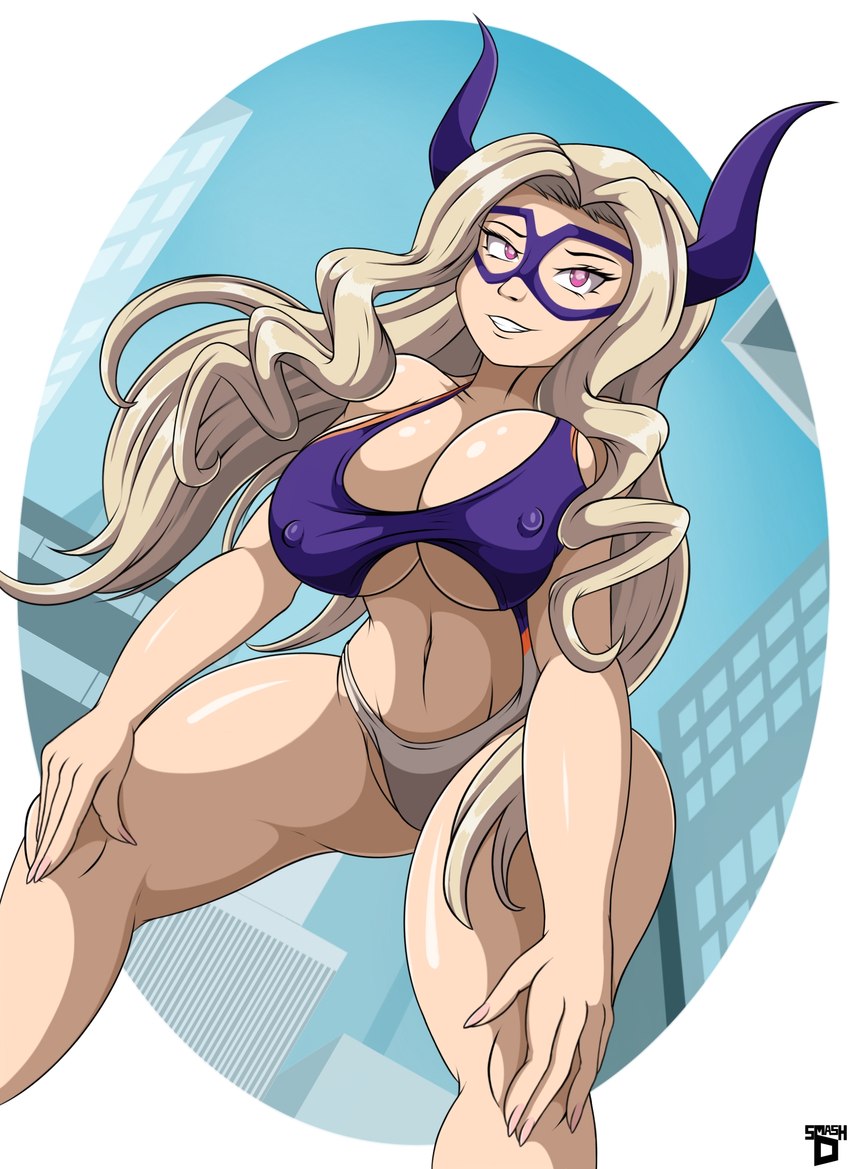 big_breasts biped blonde_hair breasts cleavage clothed clothing female hair horn mask nipple_outline not_furry solo thick_thighs smash-d my_hero_academia mt._lady horned_humanoid humanoid hi_res