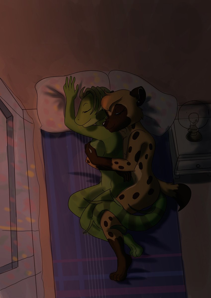 4_toes 5_fingers anthro anthro_on_anthro barefoot bed bedroom black_nose breast_grab breasts brown_body brown_feet brown_fur brown_hair butt cuddling duo eyes_closed feet female female/female fingers fur furniture green_body green_feet green_hair green_scales hair hand_on_breast hindpaw hug hugging_another hugging_from_behind humanoid_hands inside intimate lying lying_on_bed markings night nude on_bed on_side paws romantic romantic_ambiance romantic_couple romantic_night scales sleeping sleeping_nude smile spots spotted_body spotted_fur toes missebony worn_down_children diana_machado silvie_(katnay) hyena iguana iguanid lizard mammal reptile scalie spotted_hyena 2023 digital_media_(artwork) hi_res