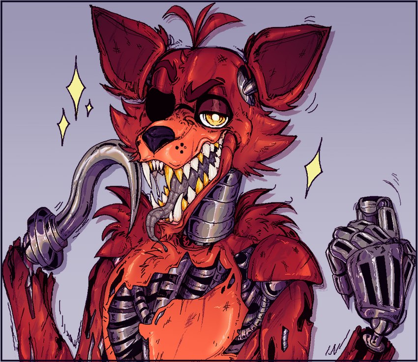 ambiguous_gender anthro exposed_endoskeleton fur gold_(metal) gold_tooth hook hook_hand looking_at_viewer machine metallic_body red_body red_fur simple_background solo yellow_eyes srpayt0n five_nights_at_freddy's scottgames foxy_(fnaf) animatronic canid canine fox mammal robot 2022 digital_media_(artwork)