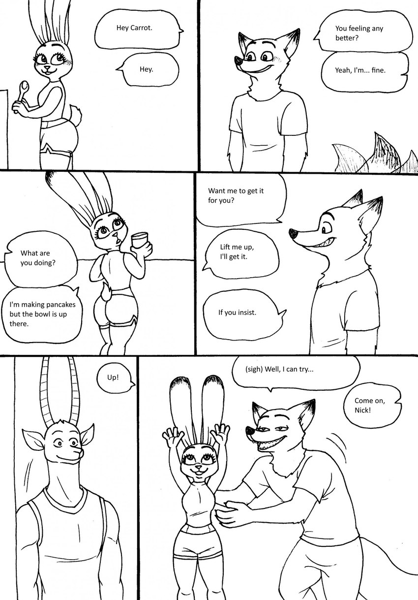 4_fingers anthro bottomwear breasts butt claws clothed clothing cutlery dialogue female finger_claws fingers fur grin group horn humanoid_hands kitchen_utensils male male/female shorts smile speech_bubble spoon standing tail tail_motion tailwag teeth text tools trio bernielover bernielover's_college_au disney zootopia judy_hopps nick_wilde troy_(bernielover) antelope bovid canid canine fox lagomorph leporid mammal rabbit red_fox true_fox 2023 comic english_text hi_res monochrome