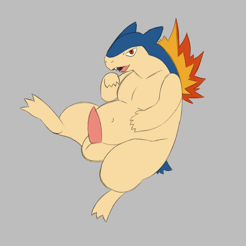 balls belly big_belly feral genitals male overweight penis raised_leg simple_background slightly_chubby solo nova_nsfw nintendo pokemon generation_2_pokemon mammal pokemon_(species) typhlosion 1:1 absurd_res hi_res