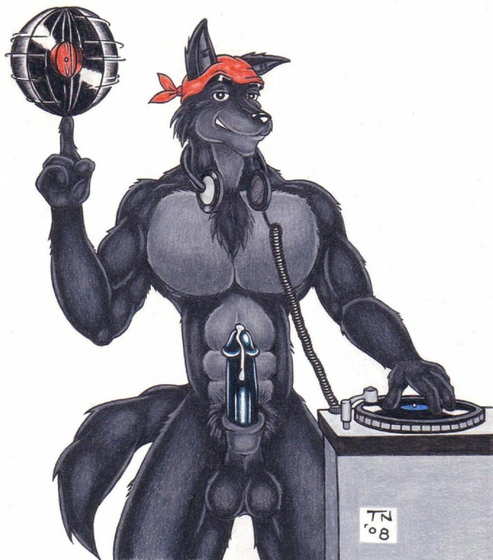 animal_genitalia anthro balls big_balls black_body black_fur black_penis bodily_fluids clothing disc_jockey electronics erection fur genital_fluids genitals headphones headphones_around_neck kerchief male muscular muscular_anthro muscular_male music penis precum record record_player red_kerchief sheath solo tail dakimov lupine_assassin canid canine canis mammal wolf