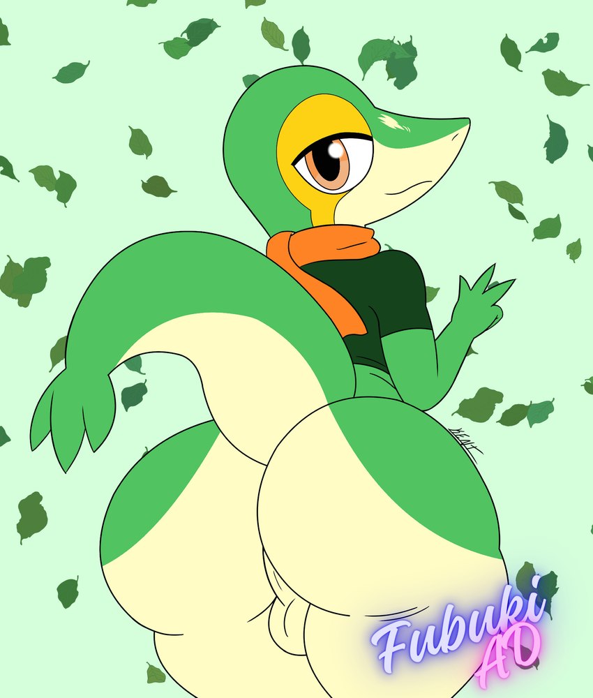 anthro backsack balls big_butt biped butt clothing genitals gesture green_body green_clothing green_topwear hand_gesture looking_at_viewer looking_back male male_anthro orange_eyes perineum rear_view smile smiling_at_viewer tail topwear v_sign wide_hips wolfe_fubuki nintendo pokemon fan_character runni_(wolfe_fubuki) generation_5_pokemon pokemon_(species) snivy digital_drawing_(artwork) digital_media_(artwork) flat_colors hi_res