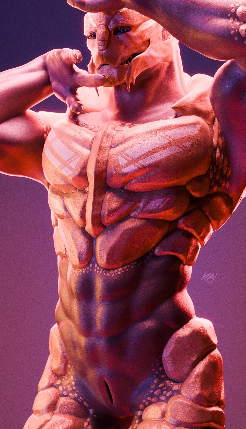 abs animal_genitalia bedroom_eyes blue_eyes bodypaint face_paint genital_slit genitals looking_at_viewer male muscular muscular_male narrowed_eyes nude seductive solo standing teeth kagekave bioware electronic_arts mass_effect verros alien humanoid turian 3d_(artwork) digital_media_(artwork) hi_res