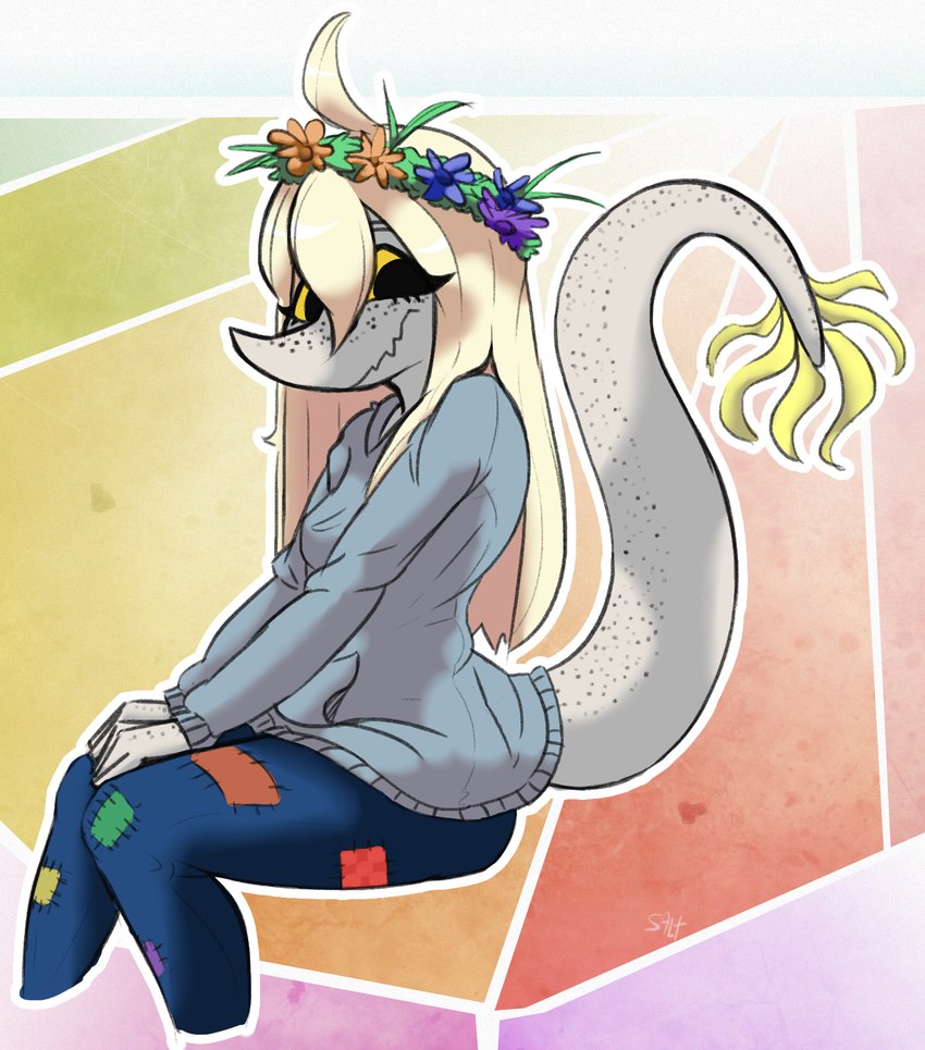 ahoge anthro blonde_hair blouse clothed clothing eyelashes fangs female flower_garland freckles hair looking_at_viewer markings seam_(sewing) simple_background sitting smile smiling_at_viewer snout solo tail teeth topwear yellow_sclera viofsa cavemanon_studios puppet_pals snoot_game judee dinosaur prehistoric_species reptile scalie theropod troodon troodontid 2024 digital_media_(artwork) hi_res