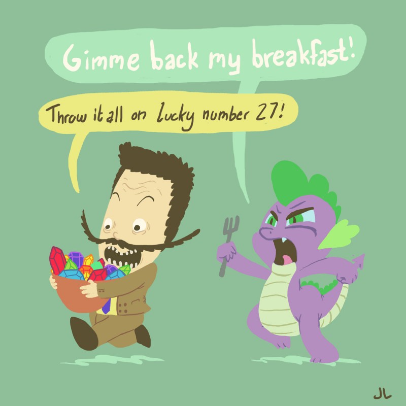 angry cutlery dialogue duo facial_hair fork gambling gem kitchen_utensils male mustache running speech_bubble stealing tail text tools docwario friendship_is_magic hasbro my_little_pony mythology superjail! jared_(superjail!) spike_(mlp) dragon human mammal mythological_creature mythological_scalie scalie 1:1 crossover english_text hi_res