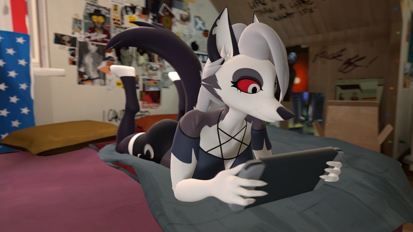 anthro bed electronics female furniture game_console gaming looking_at_object lying solo switch_console neonluv helluva_boss mythology nintendo nintendo_switch loona_(aeridiccore) loona_(helluva_boss) canid canid_demon canine demon hellhound mammal mythological_canine mythological_creature 16:9 3d_(artwork) digital_media_(artwork) hi_res source_filmmaker_(artwork) widescreen