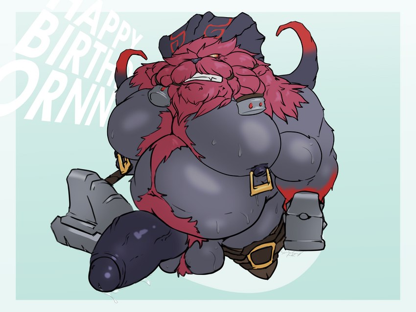 anthro balls beard belly big_penis blacksmith bodily_fluids body_hair boots chest_hair clothing facial_hair footwear genitals hairy_balls hammer happy_birthday heavy horn huge_penis male moobs morbidly_obese nipple_piercing nipples obese overweight penis piercing shoes solo sweat tools soulasexypanda league_of_legends riot_games tencent ornn_(lol) bovid caprine mammal 4:3 absurd_res hi_res