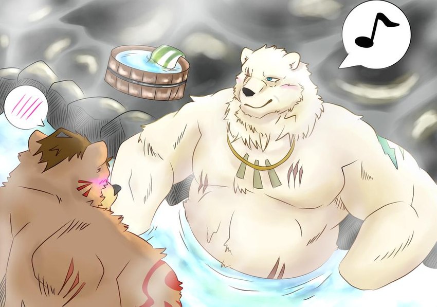 anthro black_nose blue_eyes brown_body brown_fur brown_hair brown_nose chest_scar duo eye_scar facial_markings facial_scar fur hair head_markings hot_spring male markings muscular muscular_anthro muscular_male onsen partially_submerged scar water white_body white_fur naku469m sdorica crushfang_(sdorica_sunset) dagger_(sdorica_sunset) bear mammal polar_bear ursine 2021 colored