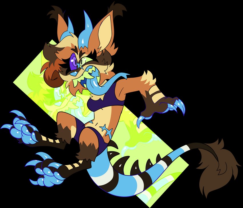 ambiguous_gender anthro arm_scales armband blue_claws blue_pawpads blue_scar blue_tongue brown_body brown_fur claws clothed clothing crystal crystal_horn feet foot_focus fur green_eyes hair heterochromia hip_scar long_tongue multicolored_hair multicolored_tail nose_scar orange_body orange_fur pawpads pseudo_horn purple_eyes scales scaly_tail scar simple_background solo spiked_armband spikes tail tipped_ears tongue transparent_background tufted_ears tufted_fur yellow_body yellow_fur olive_cow carlarzall_(carlarzall) mammal 2023 alpha_channel digital_media_(artwork) full-length_portrait hi_res portrait