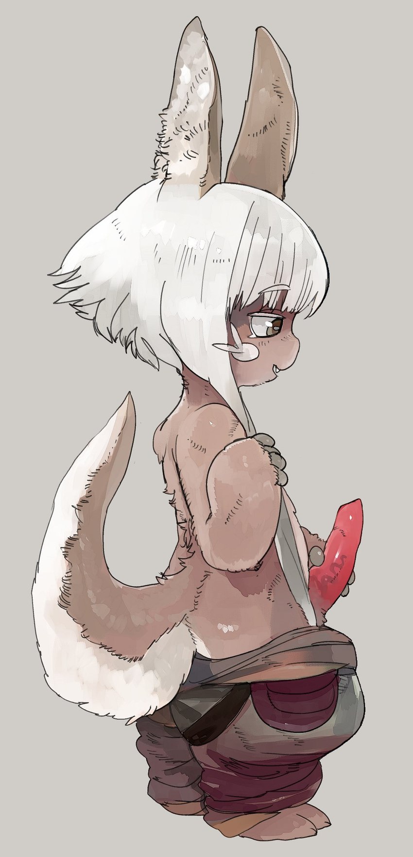 anthro clothed clothing genitals holding_penis male partially_clothed penis side_view solo tail tapering_penis liteu made_in_abyss nanachi narehate hi_res