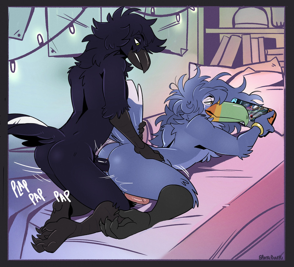 anal anal_penetration anthro anthro_on_anthro anthro_penetrated anthro_penetrating anthro_penetrating_anthro ass_up balls black_body black_feathers black_skin blue_body blue_feathers butt doggystyle duo erection feathers from_behind_position gaming_while_penetrated genitals half-closed_eyes humanoid_genitalia humanoid_penis male male/male male_penetrated male_penetrating male_penetrating_male narrowed_eyes nude onomatopoeia penetration penile penile_penetration penis penis_in_ass sex smile smirk smug smug_face smug_grin sound_effects text sparkibarki nintendo nintendo_switch avian bird corvid corvus_(genus) crow oscine passerine toucan english_text hi_res
