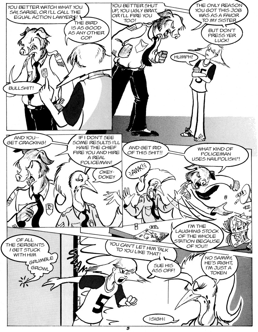 angry anthro boss clothing dialogue group male nailpolish police police_officer police_station police_uniform speech_bubble text trio uniform roz_gibson avian bird human mammal suid suina sus_(pig) wild_boar 1987 1988 1990 black_and_white comic english_text hi_res monochrome