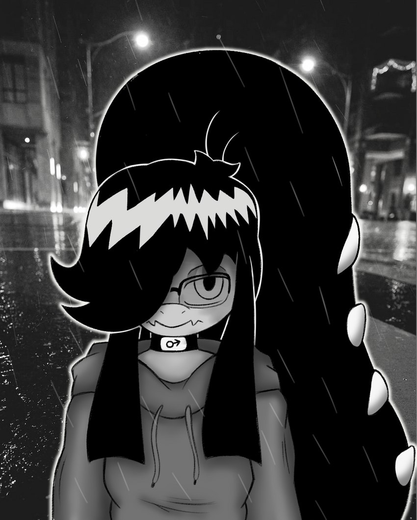 2_mouths anthro choker clothing depression eyewear female glasses hoodie jewelry looking_at_viewer multi_mouth necklace one_eye_obstructed photo_background raining solo topwear mhicky93 nintendo pokemon mhicky_(mhicky93) generation_3_pokemon mawile pokemon_(species) hi_res monochrome photography_(artwork) male_(lore)