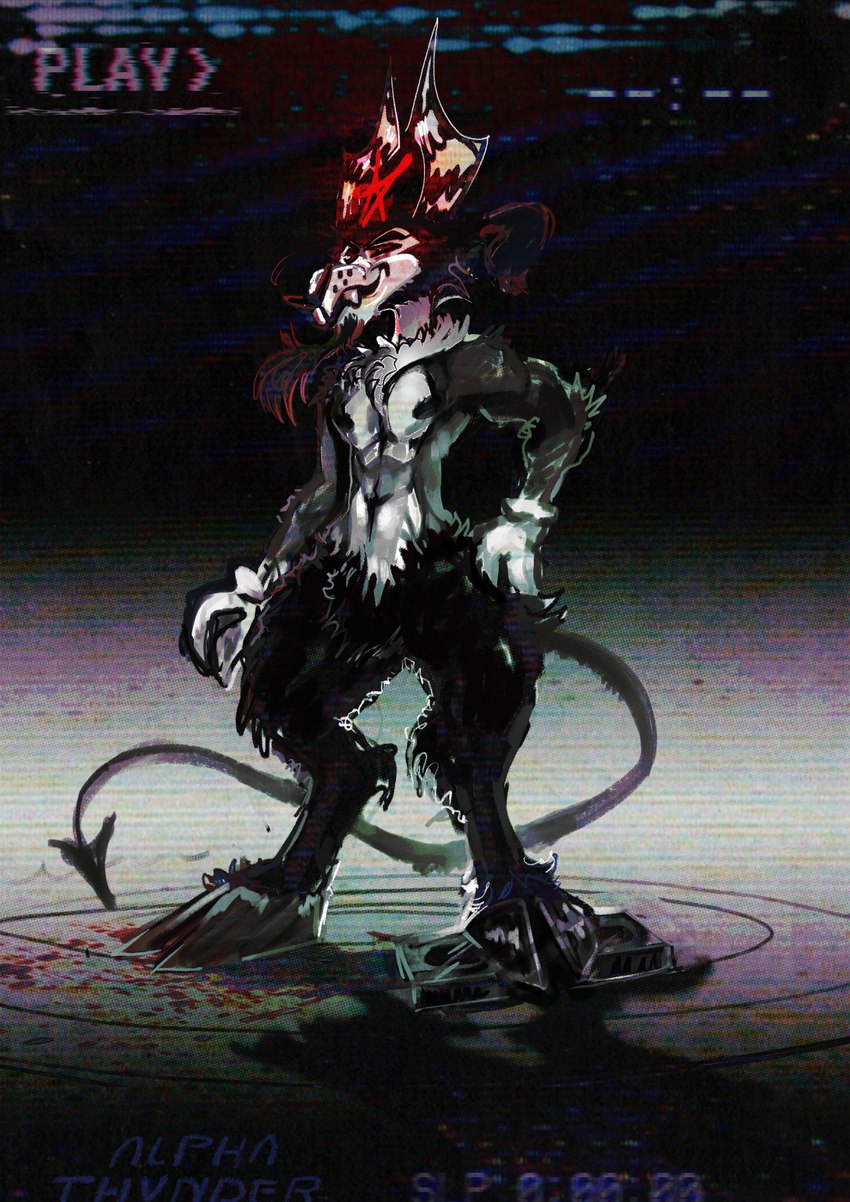 anthro facial_hair goatee hooves horn male occult_symbol pentagram pointed_tail smile solo standing symbol vhs_artifacts vhs_filter videotape alpha-thunder bovid caprine caprine_demon demon goat mammal hi_res