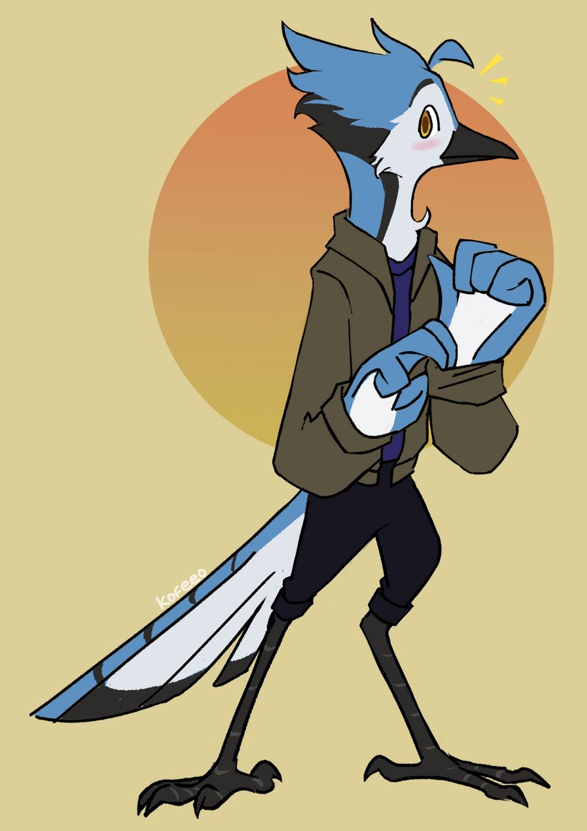 anthro beak blue_body bottomwear clothed clothing jacket looking_at_viewer male pants simple_background solo surprised_expression topwear kofeeo james_(bluepegasi) avian bird blue_jay corvid jay_(bird) new_world_jay oscine passerine digital_media_(artwork) hi_res