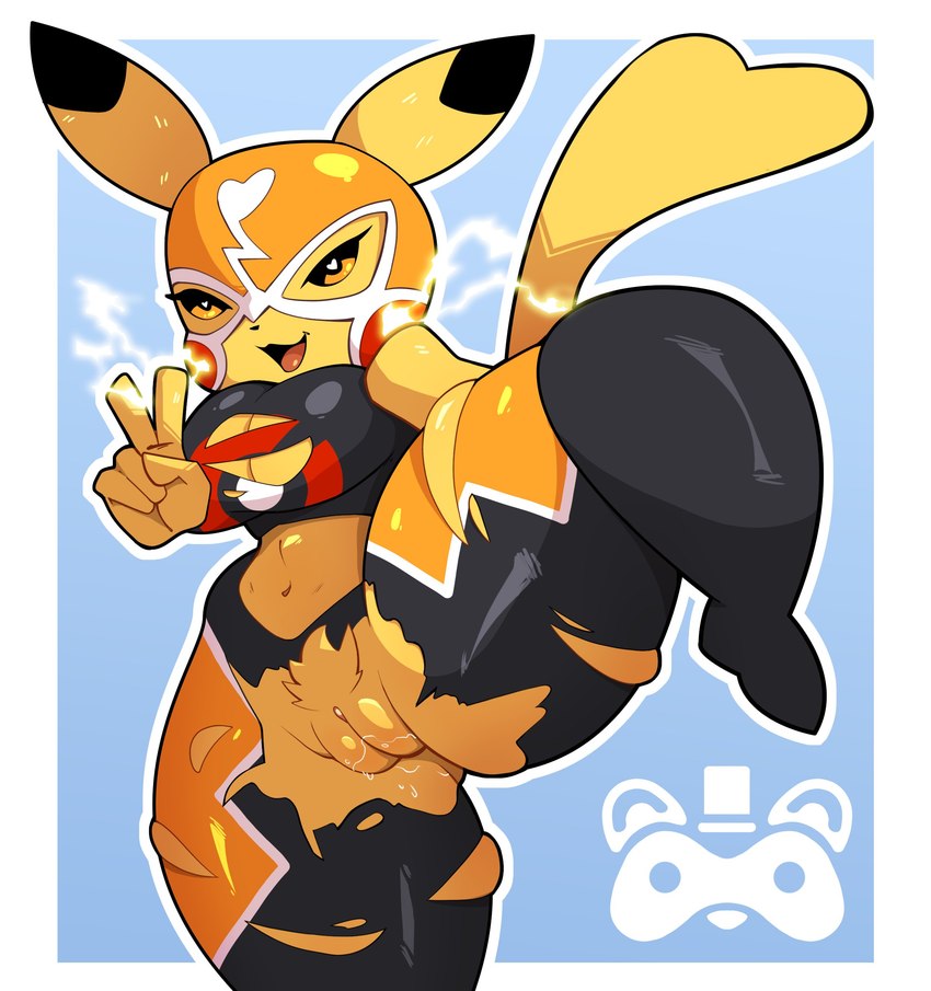 5_fingers anthro bodily_fluids breasts cleft_tail clothing cosplay_pikachu_(costume) electricity female fingers genital_fluids genitals gesture hand_gesture mask navel open_mouth open_smile pussy simple_background smile solo tail torn_clothing v_sign vaginal_fluids mrmapache nintendo pokemon pikachu_libre generation_1_pokemon pikachu pokemon_(species) absurd_res hi_res