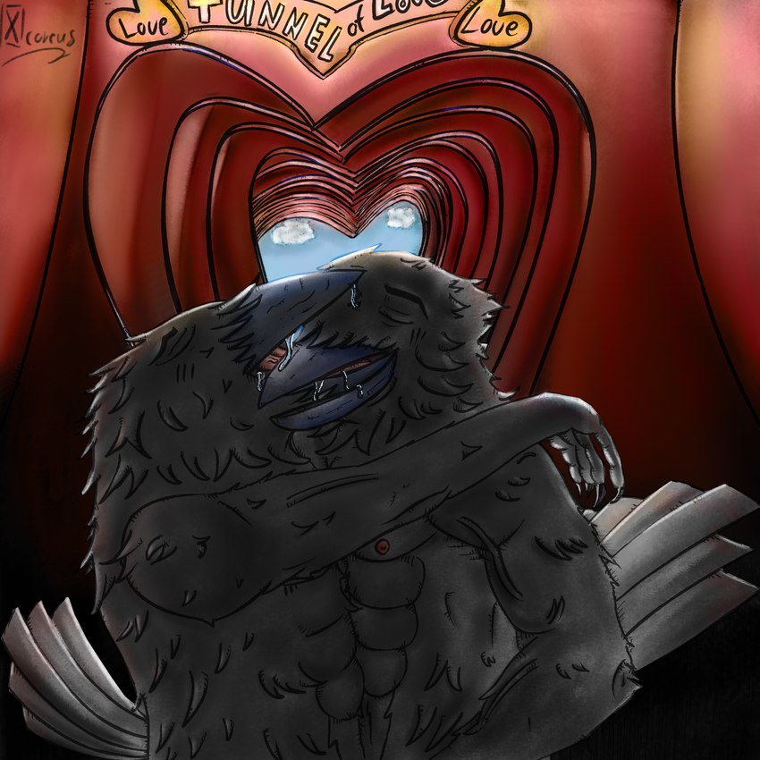 beak bodily_fluids drooling duo eyes_closed feathers fluffy hand_on_shoulder hug kissing male male/male muscular nipples saliva tail text tongue tunnel_of_love vein xcoreus avian bird corvid corvus_(genus) crow oscine passerine 1:1 absurd_res hi_res