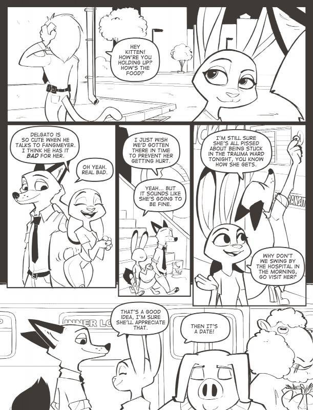 anthro clothed clothing dialogue duo female male necktie speech_bubble text train vehicle rockbottomfeeder disney zootopia judy_hopps nick_wilde officer_delgato bovid canid canine caprine domestic_pig felid fox lagomorph leporid lion mammal pantherine rabbit red_fox sheep suid suina sus_(pig) true_fox black_and_white comic english_text hi_res monochrome