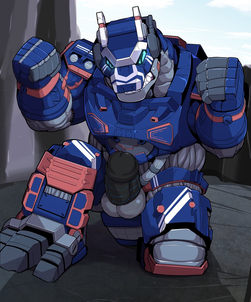 balls black_penis blue_body blue_eyes earth_garon fist genitals kneeling machine male mecha penis restrained restrained_arms solo orangetaming ultraman_(series) kaiju robot absurd_res hi_res