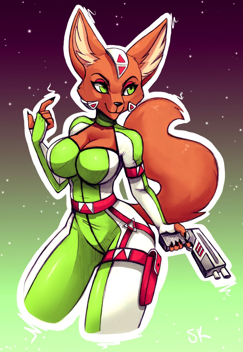 anthro belt big_breasts black_nose bodysuit breasts brown_body brown_fur cleavage_cutout clothing cutout eyebrows eyelashes female fur green_eyes gun headgear holster inner_ear_fluff ranged_weapon skinsuit smile solo tight_clothing tuft weapon naaraskettu nintendo star_fox fara_phoenix canid canine fennec_fox fox mammal true_fox 2023 absurd_res hi_res