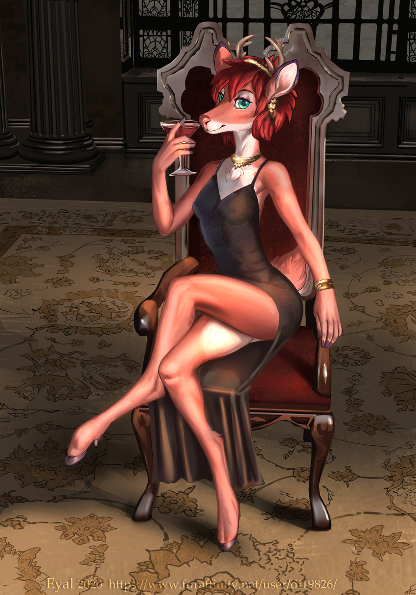 anthro antlers art_nouveau beverage black_clothing black_dress bracelet clothing cloven_hooves cocktail_glass container crossed_legs cup detailed_background dress drinking_glass elegant female fingers glass glass_container glass_cup green_eyes hair hooved_fingers hooves horn inside jewelry necklace nipple_outline red_hair slim solo eyal_(artist) devin_(shadeba) deer mammal hi_res