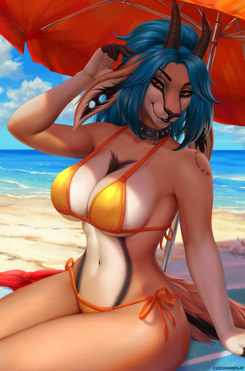 5_fingers anthro areola arm_torture barbell_piercing beach beach_umbrella big_breasts bikini bite_mark bite_mark_on_arm bite_mark_on_shoulder black_nose blue_hair breasts clothed clothing collar ear_piercing female fingers flesh_tunnel fur gauged_ear hair humanoid_hands kneeling navel outside parasol piercing sand seaside shoulder_torture smile solo swimwear tan_body tan_fur two-piece_swimsuit water yellow_bikini yellow_clothing yellow_swimwear clockhands layla_(mrdirt) antelope bovid gazelle mammal 2023 hi_res signature