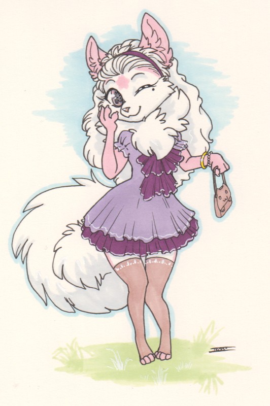 4_toes anthro biped bracelet chibi clothed clothing dress feet female front_view fur hair jewelry legwear one_eye_closed pink_body pink_fur purse simple_background solo standing stockings toes wink iko canid canine fox mammal 2015 hi_res traditional_media_(artwork)