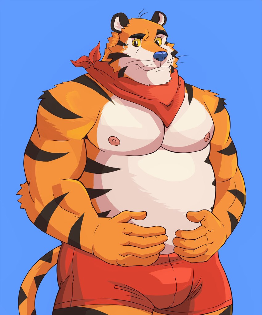 anthro belly blue_background blue_nose bulge clothing countershading humanoid_hands male mascot moobs nipples orange_body overweight overweight_male simple_background solo underwear white_body naikuma frosted_flakes kellogg's tony_the_tiger felid mammal pantherine tiger 2021 absurd_res hi_res