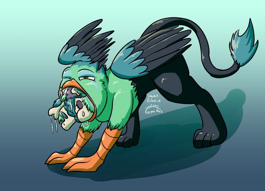 after_vore alternate_species ambiguous_gender ambiguous_prey avian_feet beak bodily_fluids bone death disposal feathered_wings feathers feral feral_pred green_body green_eyes grey_body larger_pred male multiple_prey neck_bulge paws pellet saliva size_difference solo tail tail_tuft tuft vore wings gyrotech silent_e mythology ruzeth zuthal avian gryphon mythological_avian mythological_creature