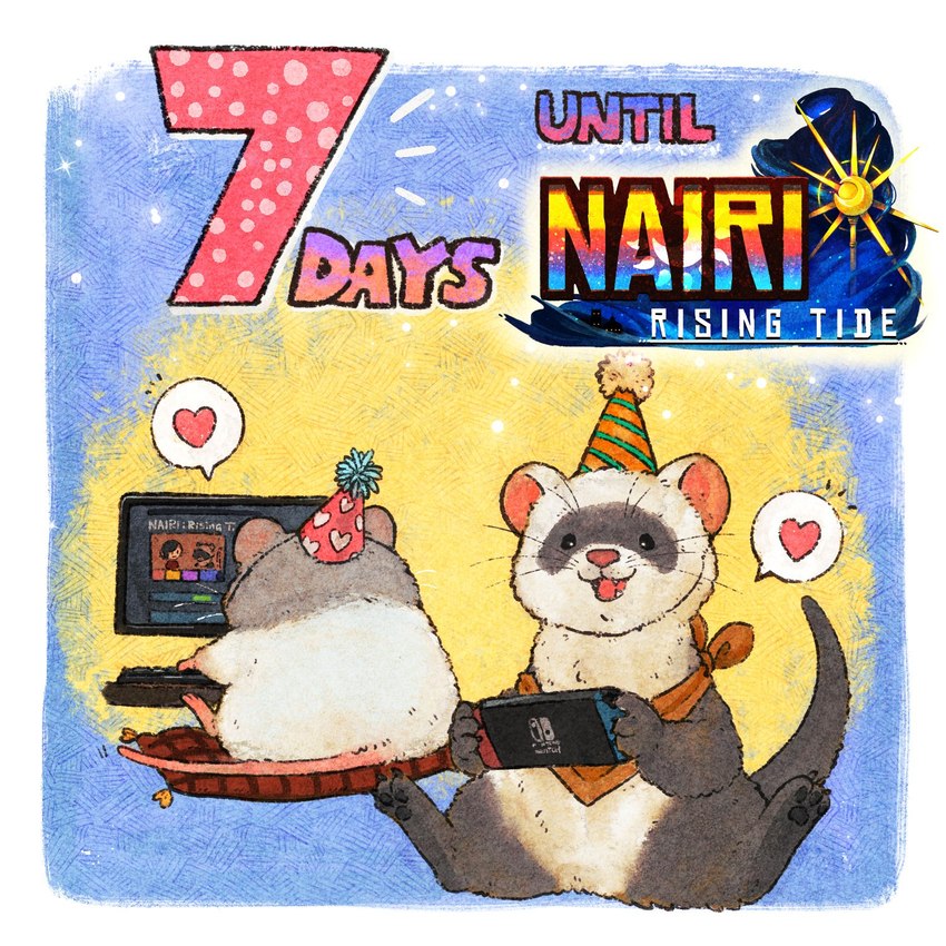 biped brown_body clothing computer duo electronics feral hat headgear headwear heart_symbol party_hat sitting white_body homebearstudio you_miichi nairi:_rising_tide nairi_(series) nintendo nintendo_switch cooper_(nairi) fadi_(nairi) domestic_ferret mammal murid murine mustelid musteline rat rodent true_musteline weasel 1:1 2024 hi_res official_art