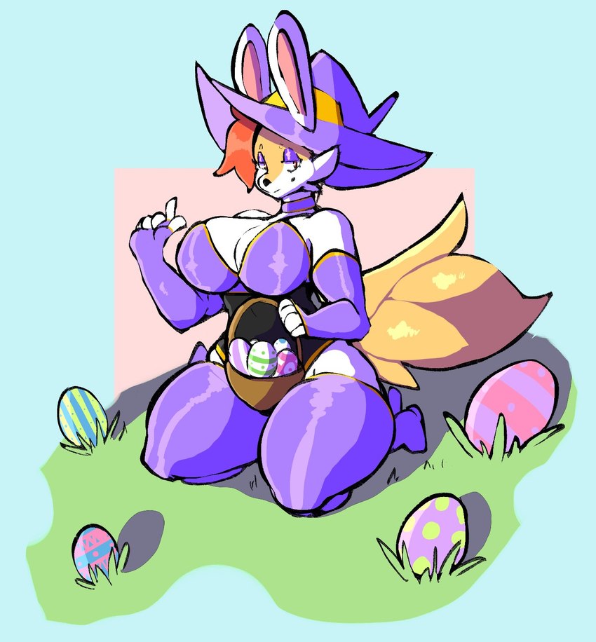 anthro armwear big_breasts breasts clothing easter_egg elbow_gloves eyeshadow female gloves grass handwear hat headgear headwear holidays legwear makeup plant solo tail thigh_highs pokebraix easter nintendo pokemon luca_(pokebraix) braixen generation_6_pokemon pokemon_(species) hi_res