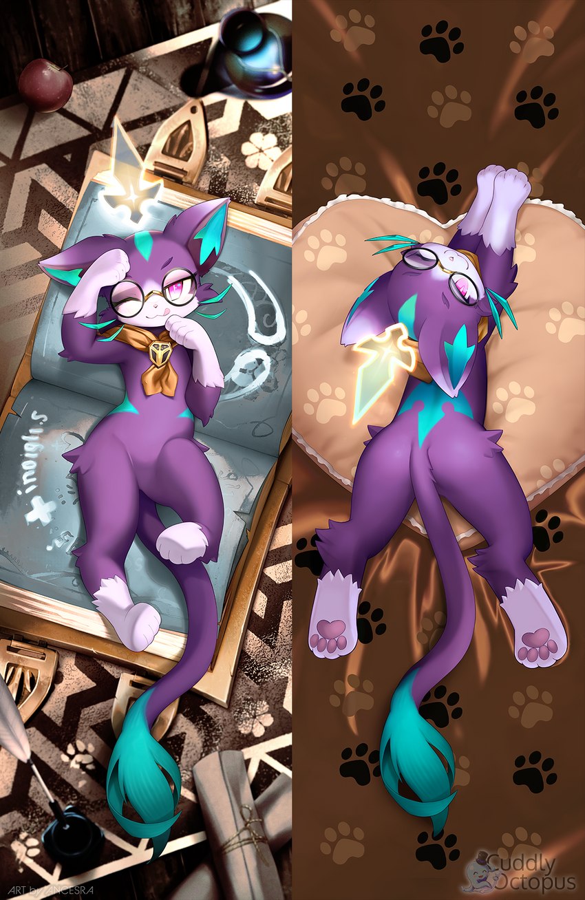 anthro bed bedding bedding_background bedroom_eyes blue_body blue_fur book dakimakura eyewear featureless_crotch female feral footprint fur furniture glasses lying magic mostly_nude narrowed_eyes on_back on_front pawprint pillow purple_body rug seductive solo spread_legs spreading tongue tongue_out whiskers ancesra league_of_legends riot_games tencent battle_principal_yuumi yuumi_(lol) domestic_cat felid feline felis mammal 2023 dakimakura_design hi_res