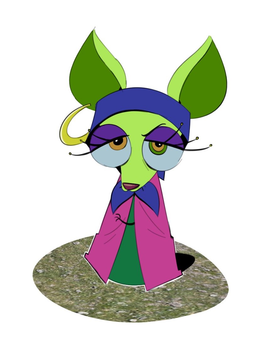 anthro big_ears big_eyes biped black_nose blue_clothing blue_headwear cloak clothed clothed_anthro clothed_female clothing ear_piercing ear_ring eyelashes eyeshadow female female_anthro fur glistening glistening_eyes green_body green_ears green_eyes green_fur green_inner_ear headgear headwear lidded_eyes long_eyelashes makeup outline piercing pupils purple_cloak purple_clothing purple_eyeshadow ring_piercing simple_background snout solo standing white_background white_outline yellow_piercing maddeku cartoon_network courage_the_cowardly_dog shirley_the_medium canid canine canis chihuahua domestic_dog mammal toy_dog 2023 3:4 colored digital_drawing_(artwork) digital_media_(artwork) full-length_portrait hi_res portrait