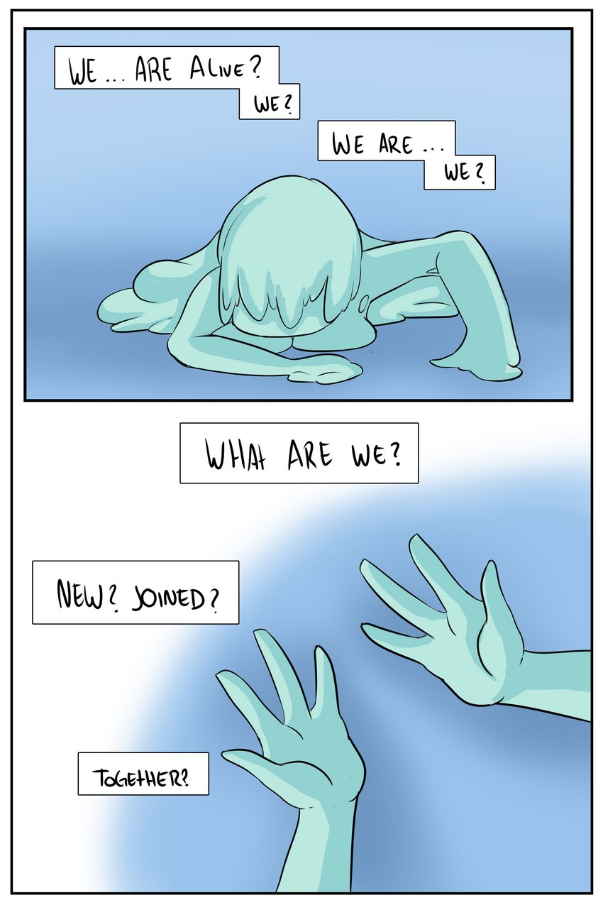 after_transformation ambiguous_gender blue_body border goo_transformation melting solo text transformation white_border pedverse goo_creature goo_humanoid humanoid 2:3 absurd_res comic english_text hi_res