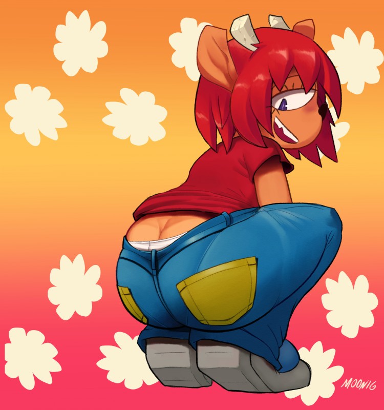 anthro big_butt blush bottomwear butt butt_cleavage clothed clothing crouching denim denim_bottomwear denim_clothing female horn jeans looking_back pants solo underwear lilmoonie parappa_the_rapper sony_corporation sony_interactive_entertainment um_jammer_lammy lammy_lamb bovid caprine mammal sheep 2018 absurd_res hi_res