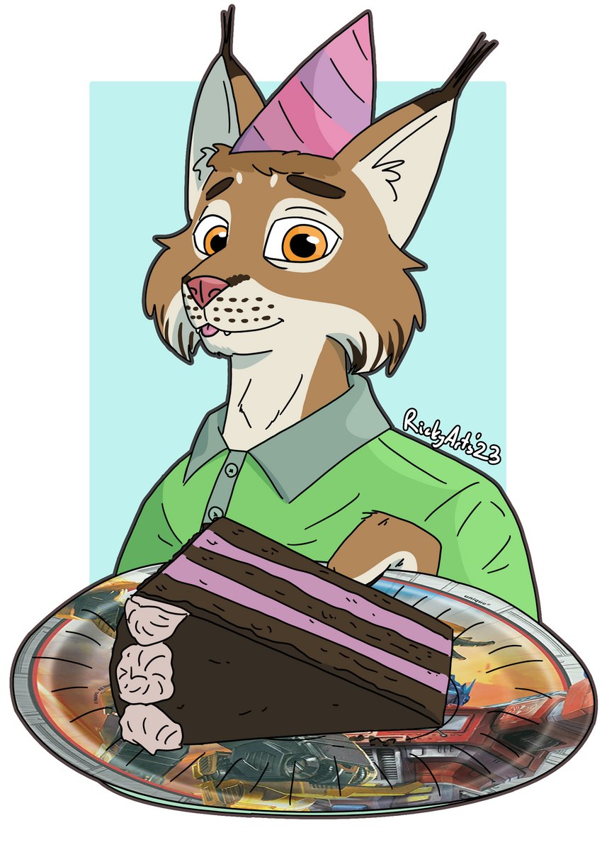 anthro birthday birthday_cake blep breaking_the_fourth_wall cake cake_slice candy chocolate chocolate_cake clothing countershade_face countershading dessert food fur green_clothing green_shirt green_topwear hat headgear headwear looking_at_viewer male orange_eyes paper_plate party_hat plate polo_shirt shirt simple_background solo tan_body tan_fur tongue tongue_out topwear tuft tufted_ears ricky_arts hasbro takara_tomy transformers bumblebee_(transformers) optimus_prime animal_humanoid felid felid_humanoid feline feline_humanoid humanoid lynx mammal mammal_humanoid 2023 absurd_res hi_res shaded simple_shading