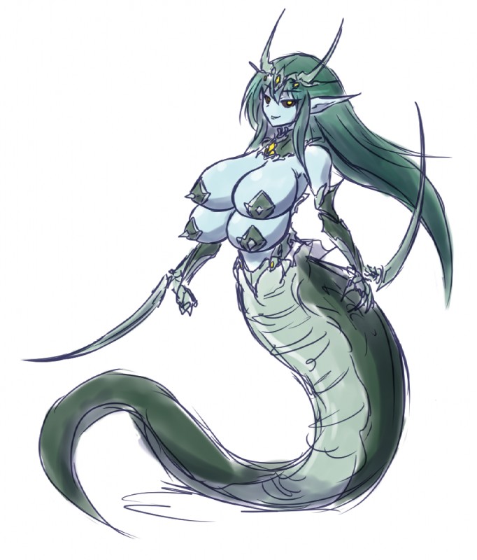 4_breasts arm_blade big_breasts black_sclera blue_body blue_skin breasts female fish_tail green_body green_hair green_scales hair huge_breasts long_ears mantis_blades monster_girl_(genre) multi_breast non-mammal_breasts pasties scales solo wrist_blade wrist_weapon yellow_eyes paulgq fish marine