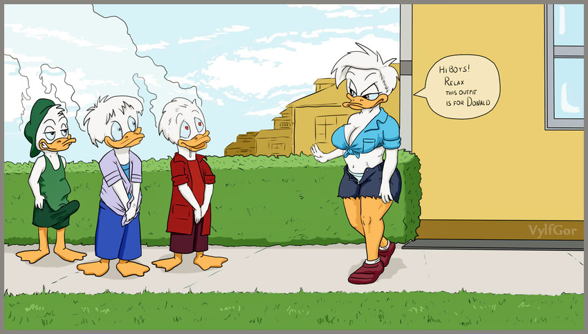 age_difference anthro big_breasts big_butt breasts bulge butt clothing detailed_bulge embarrassed erection female genital_outline group lawn looking_at_another male mature_anthro mature_female older_female penis_outline tenting text vylfgor disney quack_pack daisy_duck dewey_duck huey_duck louie_duck anatid anseriform avian bird duck 2021 hi_res