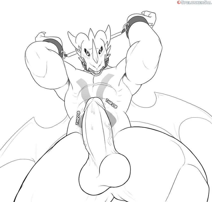 abs anthro arms_above_head balls bdsm begging blush bound erection genitals looking_at_viewer male masturbation_denial muscular muscular_anthro muscular_male pecs penis solo spelunker_sal bandai_namco digimon digimon_(species) exveemon 2019 black_and_white digital_media_(artwork) line_art monochrome