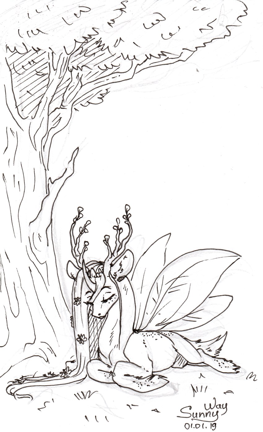 accessory crown eyes_closed female feral flower flower_in_hair hair hair_accessory headgear insect_wings multi_wing plant queen royalty scut_tail short_tail solo tail tree wings sunny_way elepatrium_universe la'fiat'ria dryad_(elepatrium) 2019 hi_res sketch traditional_media_(artwork) mother_(lore) parent_(lore)